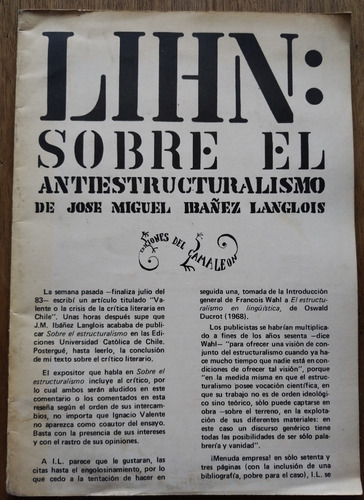 Lihn Sobe Antiestructuralismo De J.m. Ibañez Langlois - Lihn