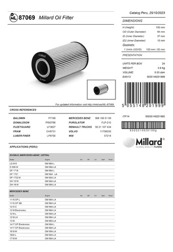 Filtro De Aceite Ml-87069 (57214) Sprinter Todos Los Modelos