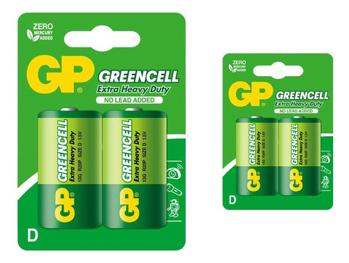 04 Pilhas Baterias D Grande  Gp Greencell - 2 Cartelas