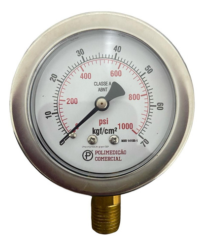 Manômetro 100mm Glicerina Caixa Inox 0-70 Kg: 1000 Psi R.1/2