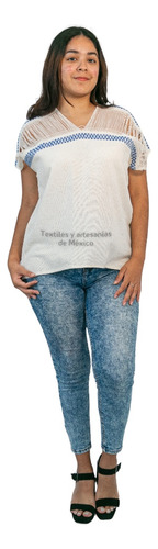 Fresca Blusa Deshilada Telar Artesanal Hilo Color Natural 