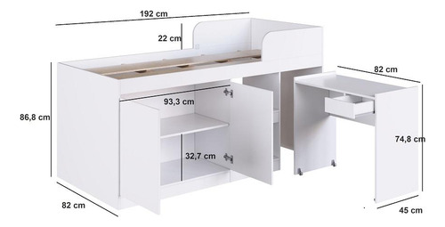 Cama Alta Solteiro Multifuncional Com Escrivaninha Branca