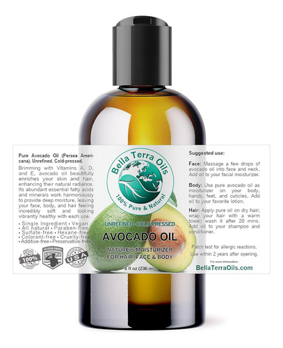 Bella Terra Aceite De Aguacate 240 Ml Prensado En Frío