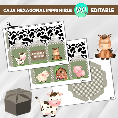Caja Hexagonal Imprimible Animales De La Granja