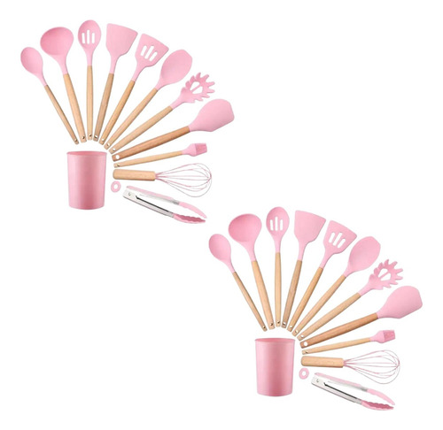 2 Kits 10 Utensílios Cozinha Escumadeira Concha Espatula Top Cor Rosa