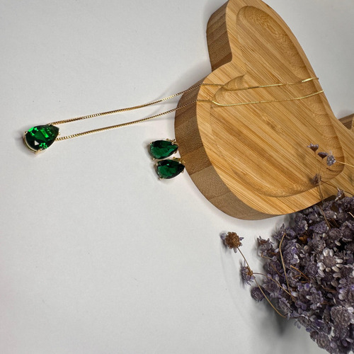 Conjunto Colar Brinco Gota Verde Folheado Ouro 18k Envi Full Cor Dourado
