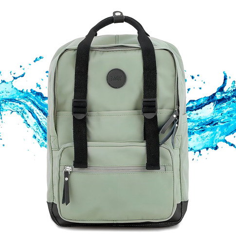 Mochila Estilo Retro Con División Para Notebook Color Verde y Negro