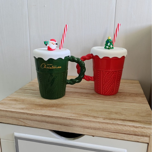 Taza De Navidad Con Tapa De Pajita, Tazas De Cerámica