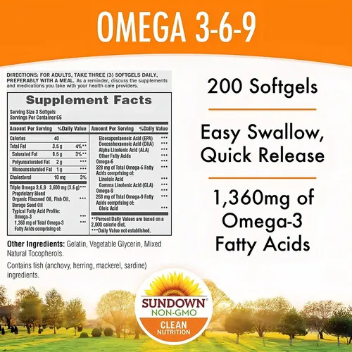 Sundown Ômega 3-6-9 Flax, Fish & Borage Oils - 200 Softgels