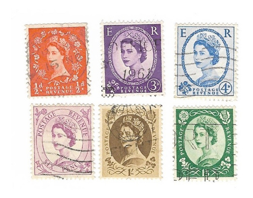 Lt1615. Lote 6 Sellos De Isabel Ii, Filigrana O, 1958-1967