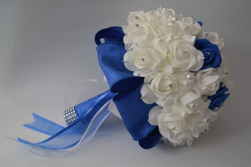 Ramo Novia Blanco Azul Rey Rosas Piedras, Cristales Grande | Envío gratis