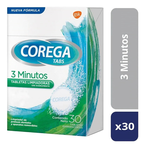 Corega Tabs 3 Minutos Limpador De Dentaduras 30 Unidades