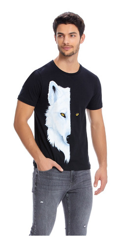 Playera De Hombre Negra Estampada Animal Lobo Cuello Redondo