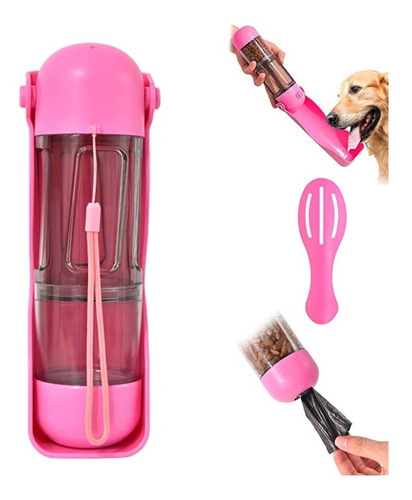 Kit Botella De Agua Plegable Portatil Para Perros Comida Color Rosa