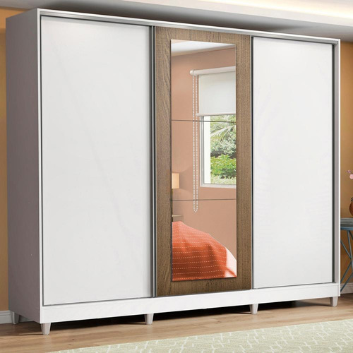 Guarda-roupa 100% Mdf Madesa Eros 3 Portas Espelho Com Pés Cor Branco/Rustic 11639B1E1RCP