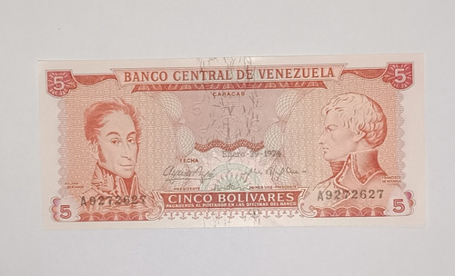 Billete De Venezuela 5 Bs Enero 29 1974 -sin Circular - A7