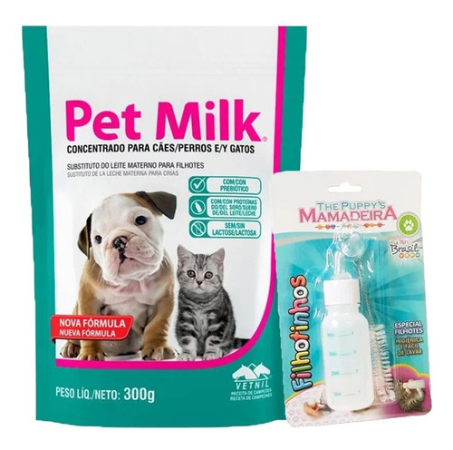 Leite Gatos Cães Filhotes Pet Milk 300g + Kit Mamadeira