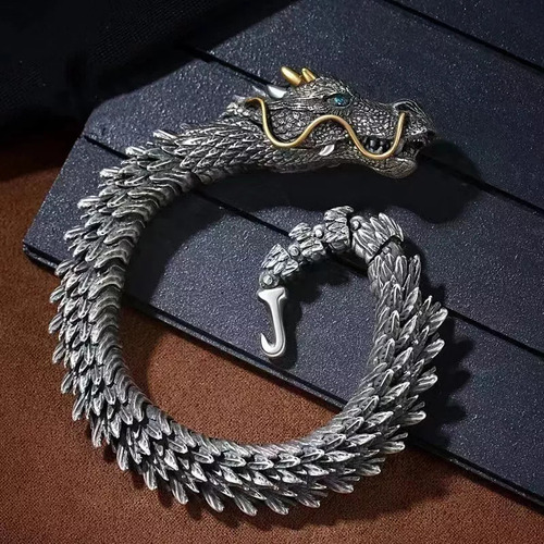 Pulsera Con Forma De Cabeza De Dragón Hecha A Mano En Plata