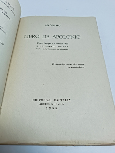 Libro De Apolonio Anónimo Texto Íntegro Pablo Cabañas (Usado)