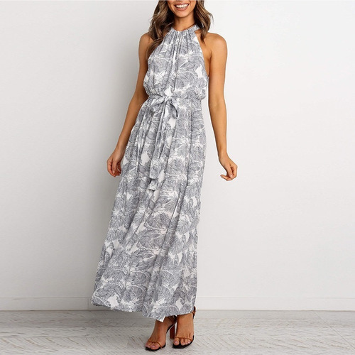 Vestido Largo Con Cinturón Cuello Halter Sin Mangas Elegante