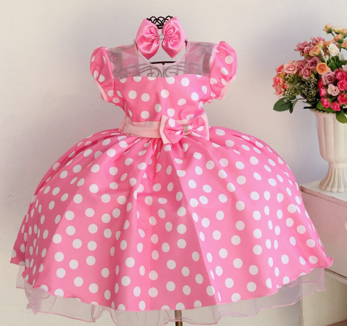 Vestido Festa Minnie Rosa Poá Festinha Rosa Tiarinha Brinde