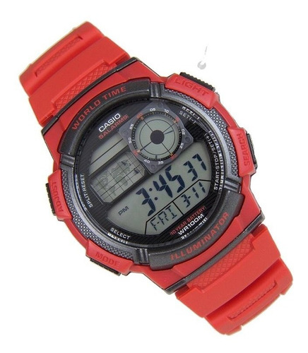 Reloj de pulsera Casio Youth Series AE-1000 de cuerpo color rojo, digital, para hombre, fondo negro, con correa de resina color rojo, dial negro, subesferas color gris, minutero/segundero negro, bisel color negro, luz ámbar y hebilla simple