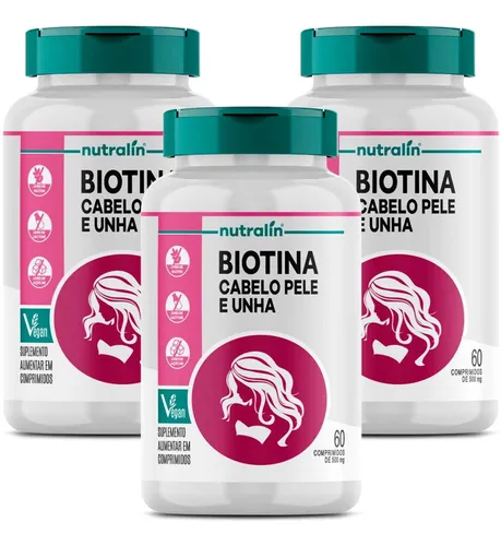 3 Potes Biotina Cabelo, Pele E Unha 60 Caps - Nutralin Sabor Sem ...