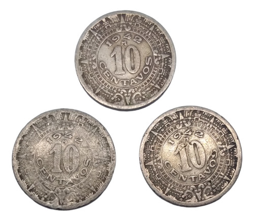  Monedas Calendario Azteca 10 Centavos 3 Piezas Año 1942 