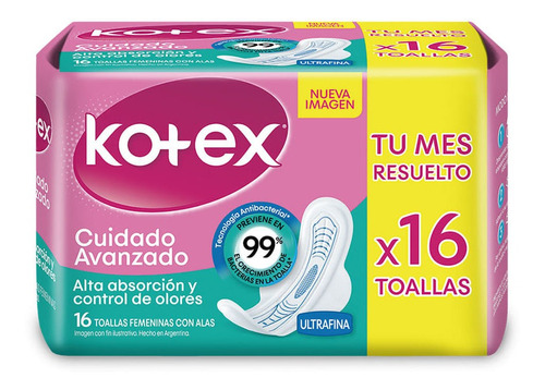 Toallas Femeninas Kotex Antibacterial Ultrafina C/ Alas 16 U