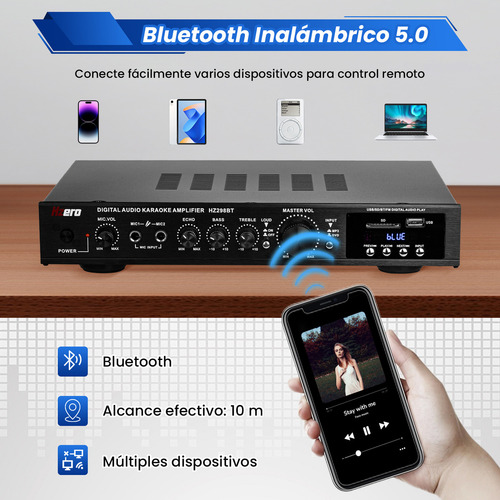 Amplificador De Audio Bluetooth Hzero Hz298bt 5.1 Estereo Color Negro Potencia De Salida Rms 2000 W Voltage 127v, Con Control Remoto, Compatible Con Usb/sd