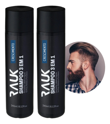 Kit 2 Shampoo Masculino 3x1 Barba Cabelo Crescimento Rauk
