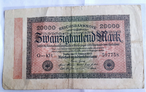 20000 Mark Reich 1923 Billete Germany Hiper Inflacion Aleman