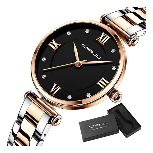 Reloj de cuarzo inoxidable con diamantes Crrju 2178, color de fondo negro