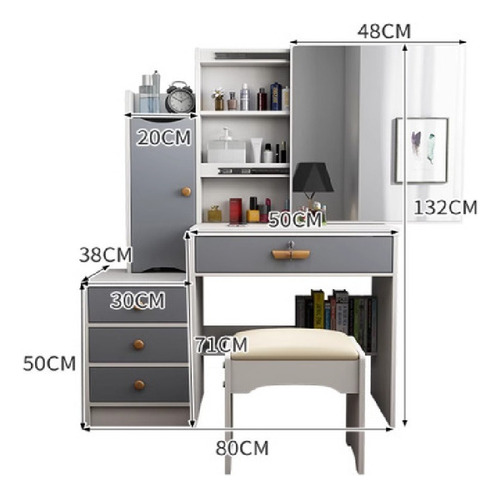 Tocador Multifuncional Con Espejo Led Cómoda Y 4 Cajones Blanco-gris