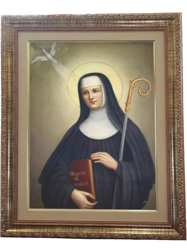 Quadro Da Santa Escolástica, Mod. 01, Tam. 53x43cm. Angelus Dourado