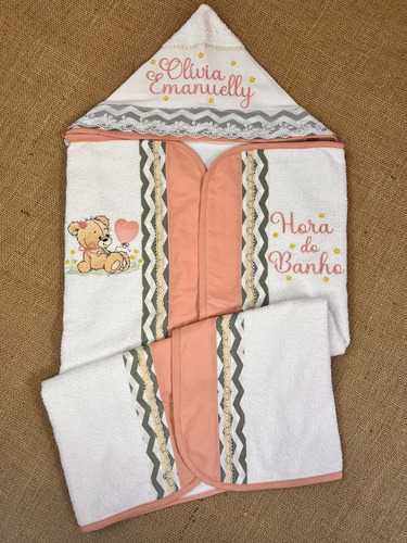Toalha De Banho Com Capuz Bordada Personalizada Bebê Branco