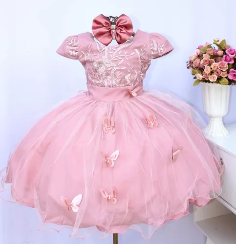 Vestido Infantil de Festa Rose com Branco Luxo Realeza Princesa Menina  Batizado