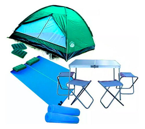 Combo Carpa 4 Pers. Colchon 2p Almohada Mesa Plegable Bancos