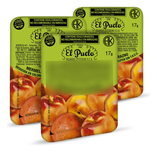 Mermelada Individual El Puelo Durazno Bajas Calorias 120 Un