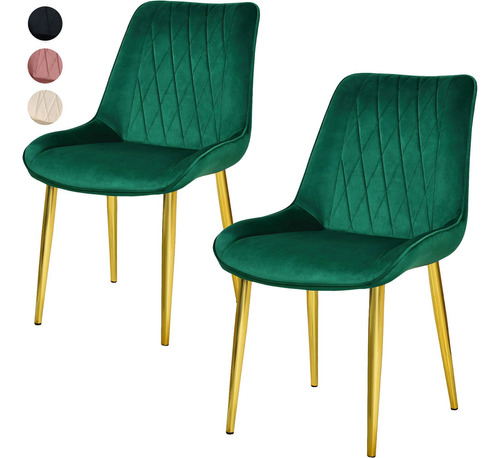 Set 2 Sillas Comedor Tapizadas Terciopelo Elegantes Estructura de la silla Dorado Asiento Verde oscuro