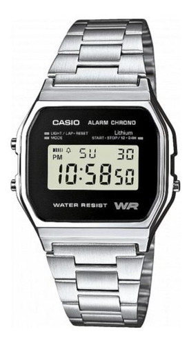 Relógio de pulso digital Casio A158 com corria de aço inoxidável cor prateado - fondo cinza/preto