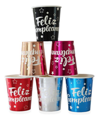 50 Pzas Vasos Para Fiesta Cumpleaños 8.5cm Diseño Metálico