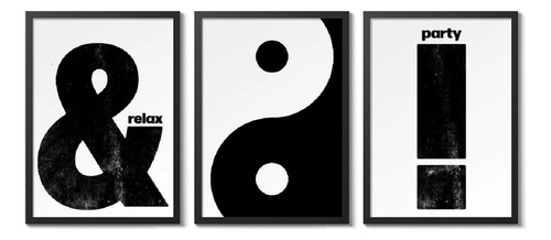 Set 3 Cuadros Minimalista Yin Yang Tipografía Marco Vidrio Marco Negro