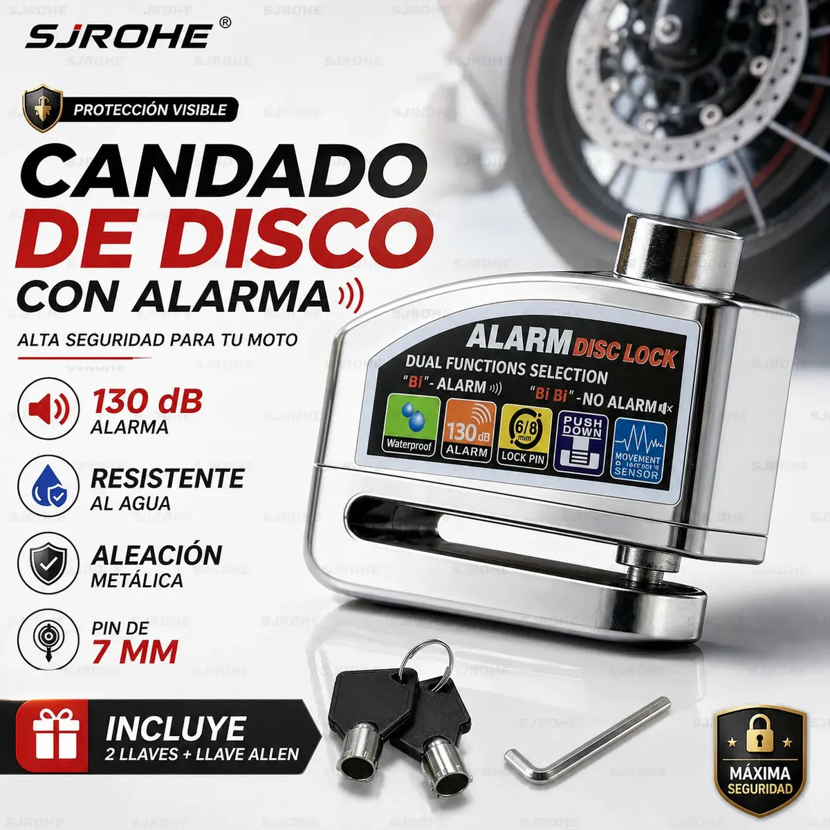 Sjrohe Candado Disco Motocicleta Alarma 130db Impermeable Ip68 Con Seguridad Y Antirrobo, 2 Llaves Y Paquete, Cuerda Bloqueo Para Motocicleta, Vehículo Eléctrico, Triciclo Color Plateado