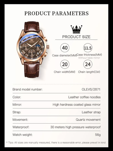 Reloj Hombre Olevs Analógico Cuarzo Correa Cuero Mod. Lux