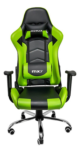 Cadeira de escritório Mymax MX7 gamer ergonômica  preto e verde com estofado de couro