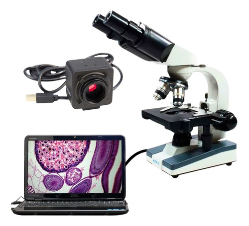 Kit Microscópio Biológico Binocular Led 1600x C/ Câmera 5mp 