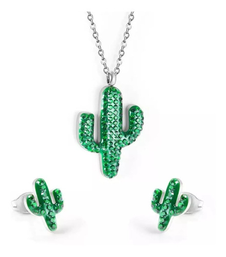Imagen 1 de 3 de Conjunto De Collar Y Aretes De Cactus Con Cristales En Acero