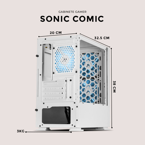 Gabinete Gamer Xtreme Pc Gaming Sonic Comic Edition Mini Torre Micro Atx 3 Fan Argb Mesh Cristal Templado
