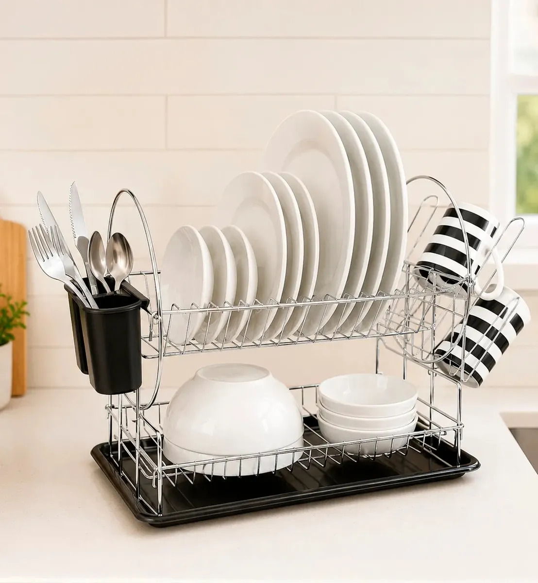 Escurridor Secaplatos Hogar Actual Acero Cromado 2 Niveles Organizador Cocina Con Cubiertero Bandeja Color Negro